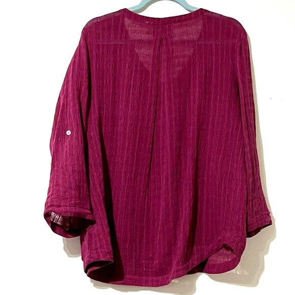 Soft Surroundings Womens XS Fuchsia Linen-Cotton V-Neck Blouse Roll Tab Sleeves - Picture 3 of 6